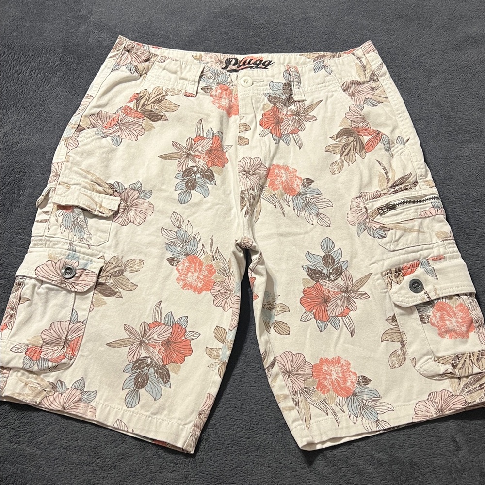 Plugg men’s 30 cargo shorts tropical florals off white denim pink coral flowers